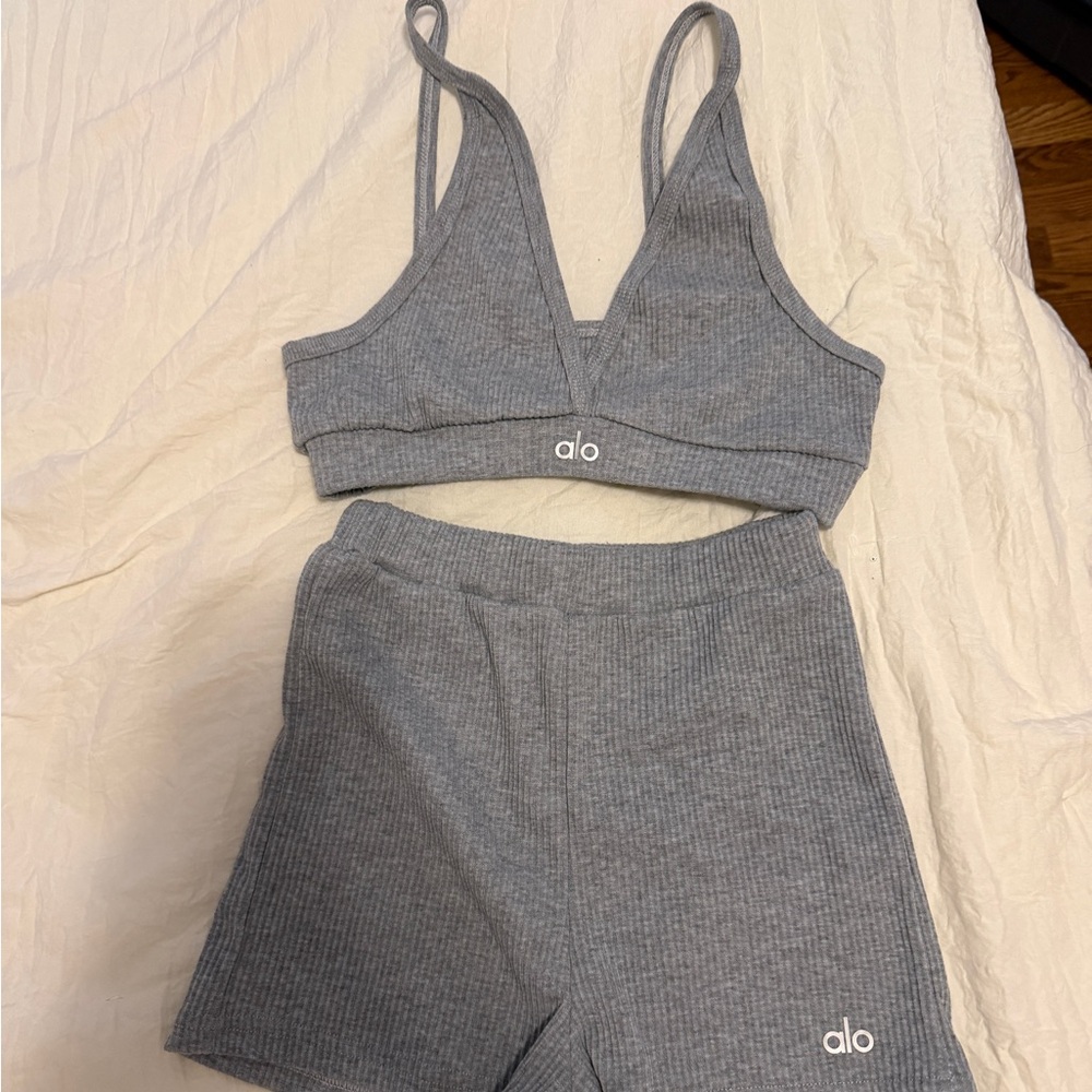 ALO Yoga Ribbed Bralette and High-Waist Shorts Set in Heather Gray